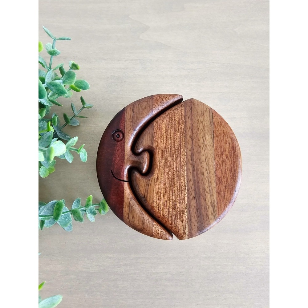 Vintage Round Wooden Moon Jigsaw Puzzle Jewelry Trinket Box Blue Velvet Lining